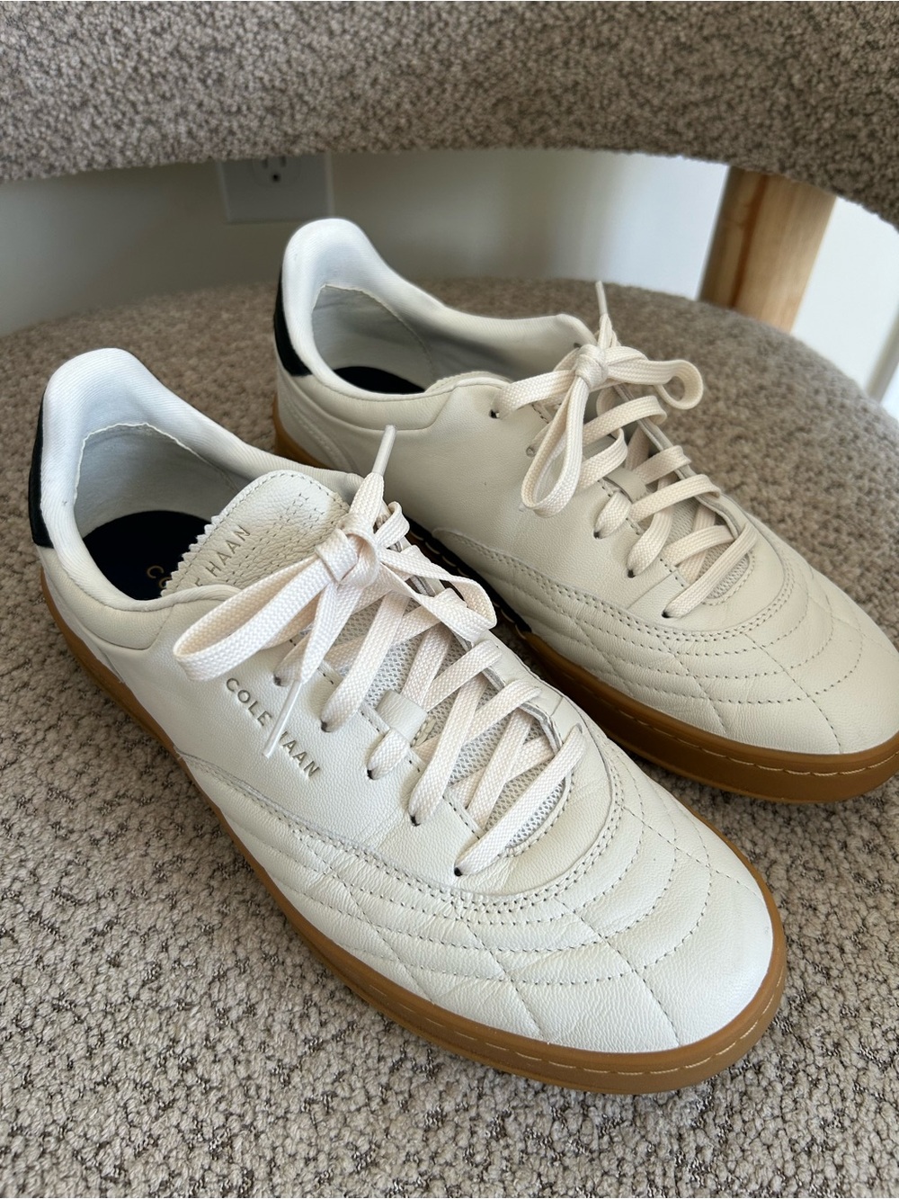 Cole Haan Men's Cream Leather Sneakers with Gum Sole and Black Heel Tab